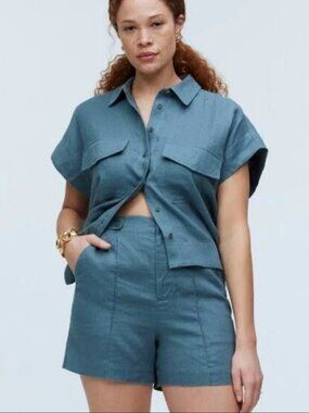 Madewell Clean Button-Tab Shorts in 100% Linen Size 6 Teal